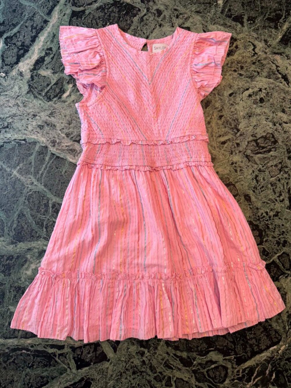 SAYLOR Pink Metallic Stripe Smocked Ruffle Dress Size Small